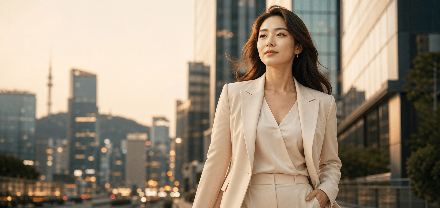 Confident woman walking through Seoul representing premium cross-border beauty care